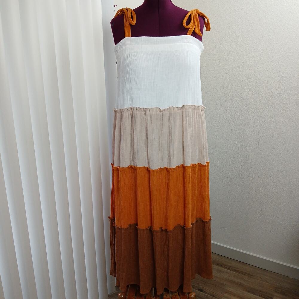 Blu Pepper Tiered Maxi Sundress S white tan orange brown colorblock lined - Picture 5 of 12